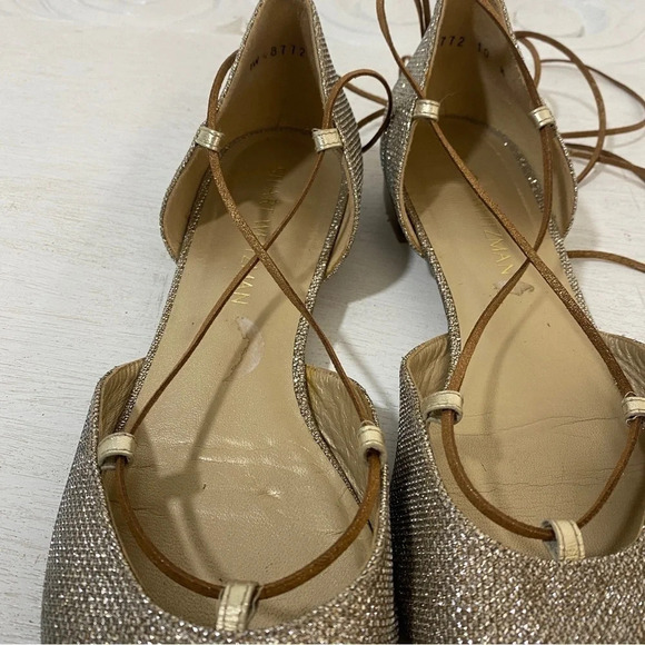 Stuart Weitzman Pointed Toe Ankle Strap Wrap Metallic D’orsay Flats Gold 10 - Picture 3 of 7